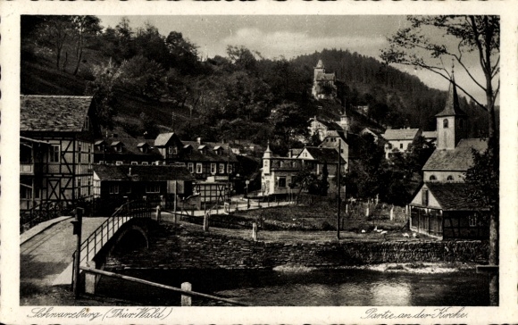 Postcard Schwarzburg in Thuringia, Schwarzburg, church, picturesque houses, bridge, landscape