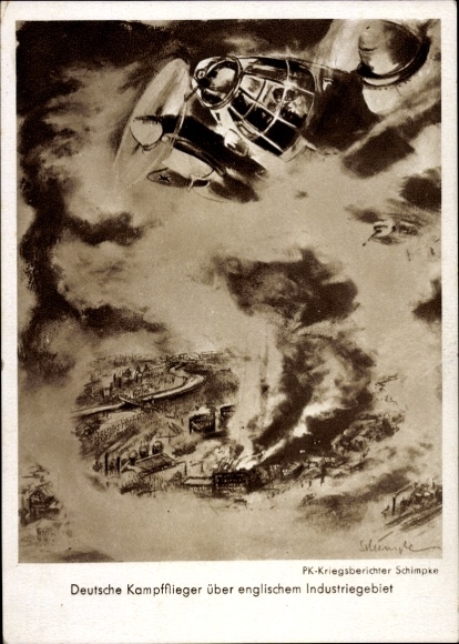 Artist PC Schimpke, German fighter pilots over an English industrial area, WWII, Heinkel He 111