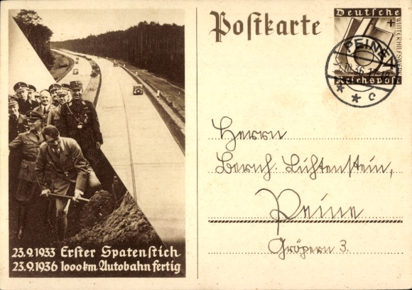 Ganzsachen Ak Adolf Hitler, Bau der Reichs-Autobahn, Erster Spatenstich 23.9.1933