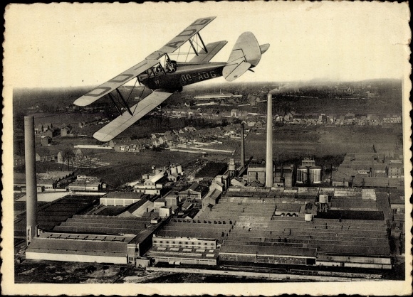 Postcard Belgian civil aircraft over a factory, biplane, OO ADG