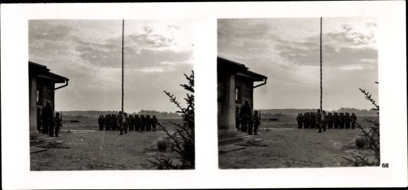 Stereo spatial image photo &quot;The Fuhrer&#39;s Soldiers in the Field&quot;, No. 68; Flag parade, German Russian border