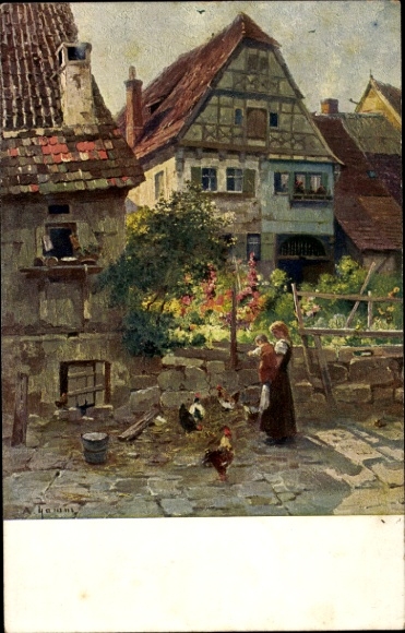 Artist PC Thamm, Adolf, Besigheim in the Ludwigsburg district, old houses, woman with child, chickens