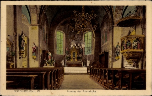 Postcard Nordkirchen in Westphalia, interior view of the parish church, pews, altar, historical st...