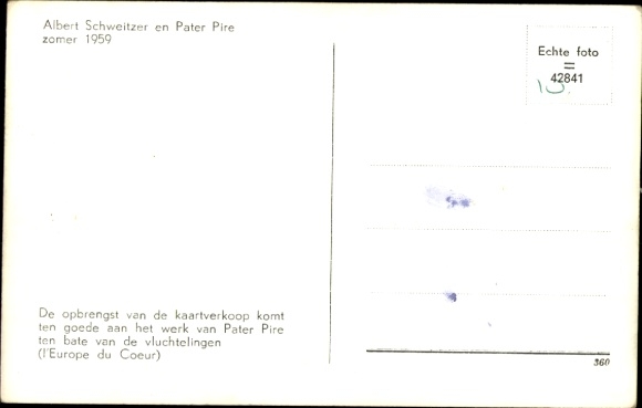 Postcard Albert Schweitzer, doctor, theologian, philosopher, pacifist with Father Pire