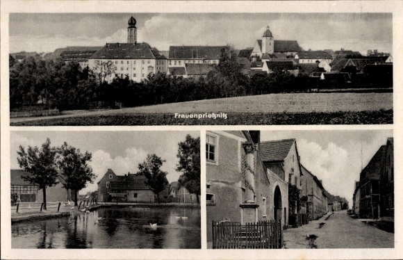 Postcard Frauenprießnitz in Thuringia, view of the town, street view, pond