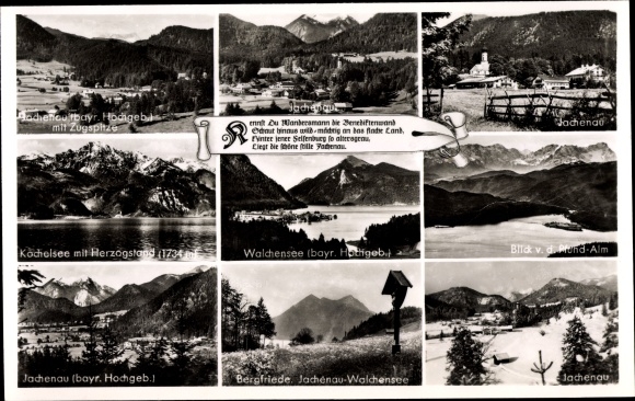 Ak Jachenau w Górnej Bawarii, Kochelsee, Walchensee, różne widoki