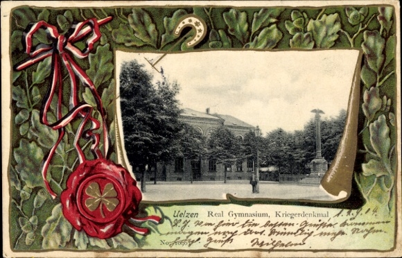 Postcard Uelzen in Lower Saxony, Uelzen Real Gymnasium, war memorial, decorative border, rose motif