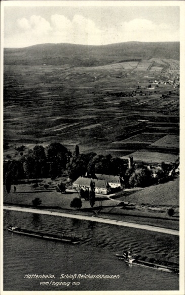 Postcard Hattenheim Eltville am Rhein Hesse, aerial photograph, Reichardshausen Castle