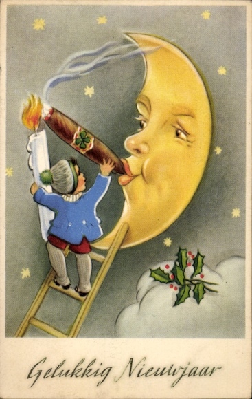PC Happy New Year, crescent moon with cigar, boy