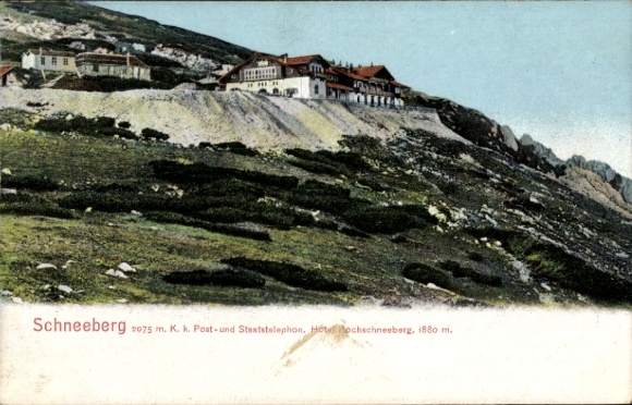 Postcard Schneeberg in the Ore Mountains, mountain landscape, Hotel Bochschneeberg, 2075 m high