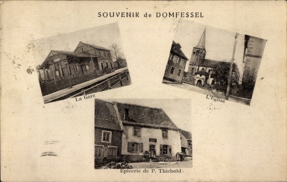 Postcard Domfessel Alsace Bas Rhin, The train station, The church, Grocery store