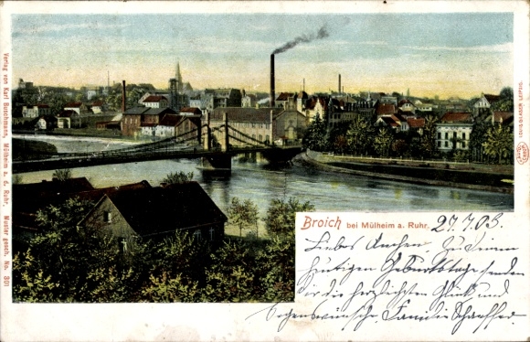 Postcard Broich Mülheim an der Ruhr, urban landscape, river, bridge, industrial buildings,