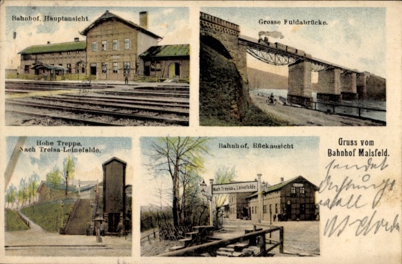 Postcard Malsfeld in Hesse, train station, track view, Great Fulda Bridge, high staircase