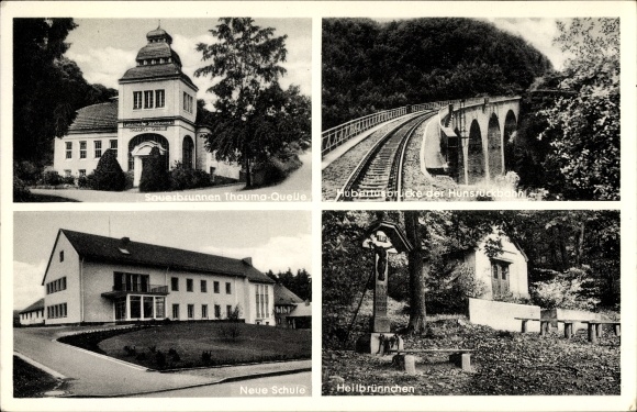 Postcard Emmelshausen Hunsrück, Sauerbrunnen Thauma source, Hubertus bridge, new school, Heilbrünnchen