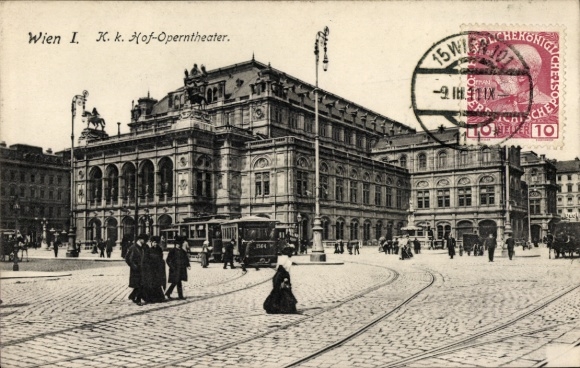 KP Wien 1 Innere Stadt, Wiedeń I, Opera Dworska Cesarsko-Królewska, tramwaj, ludzie na ulicy