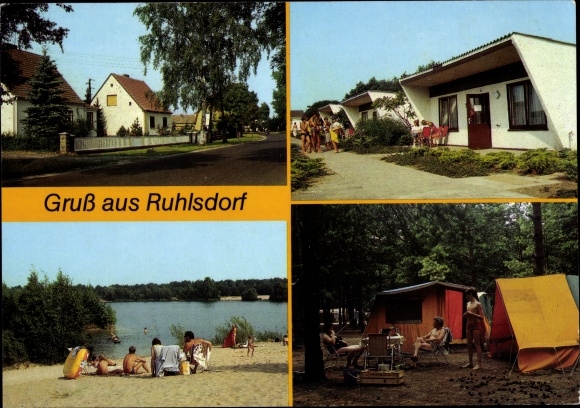 Postcard Ruhlsdorf Marienwerder Brandenburg, campsite E/48, beach at the gravel lake, bungalows