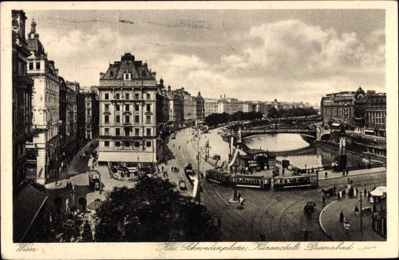 KP Vienna 1 centrum miasta, Schwedenplatz, sanatorium Dianabad, tramwaj