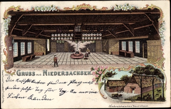 Chromo-Litho Lower Saxon farmhouse, Flett, upper end of the hallway, interior view
