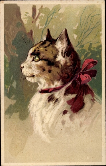 Präge Litho Katze mit rotem Halsband