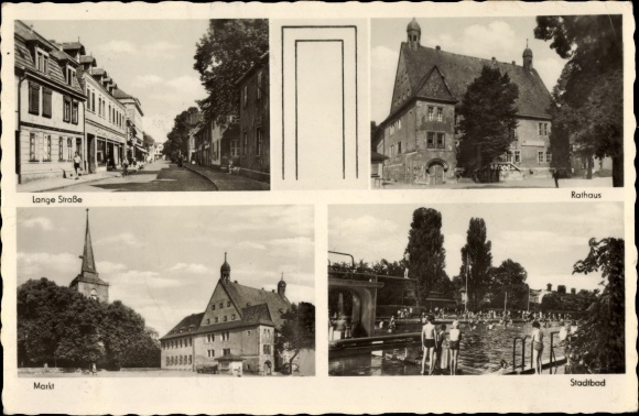 Postcard Sömmerda in Thuringia, Lange Straße, town hall, market, municipal pool