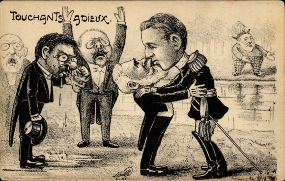 Artist Postcard Émile Loubet and Alfonso XIII, kiss goodbye, caricature