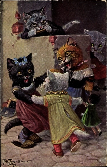Kunstenaar Ak Thiele, Arthur, Het geluk in de hoek, gehumaniseerde dansende katten