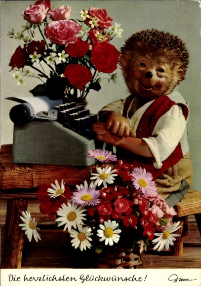 Postcard Mecki the Hedgehog, Typewriter, Congratulations, Flowers