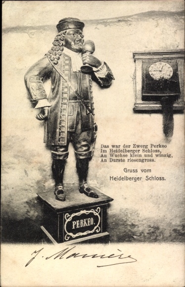 Ak Heidelberg am Neckar, Statue des Zwergs Perkeo, Heidelberger Schloss, Text über Perkeo