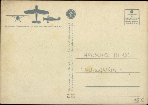 Postcard Henschel Hs 126 reconnaissance aircraft of the German Air Force, color