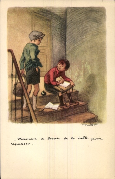 Kunstenaar Ak Poulbot, Francisque, Twee jongens, Schooltassen, Trappen