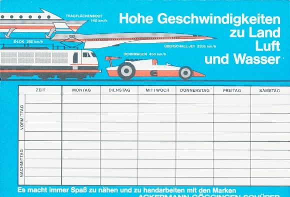 Timetable Advertising, Ackermann - Göggingen - Schürer, Sewing, Airplane, Railway, Racing Car