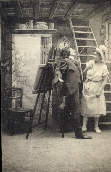 Postcard Dresden Altfranken, man and woman in a studio