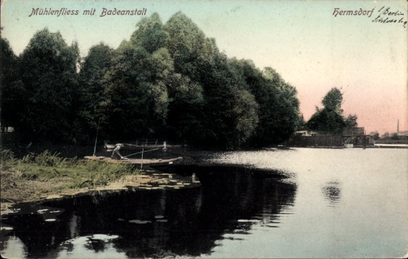 Ak Hermsdorf an der Spree Lohsa Oberlausitz, Mühlenfliess, Badeanstalt, Wasserlandschaft, Bäum...