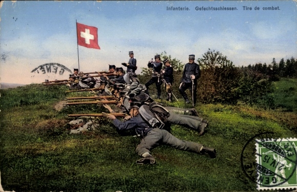 Postcard Infantry, Swiss soldiers in combat, border occupation 1914