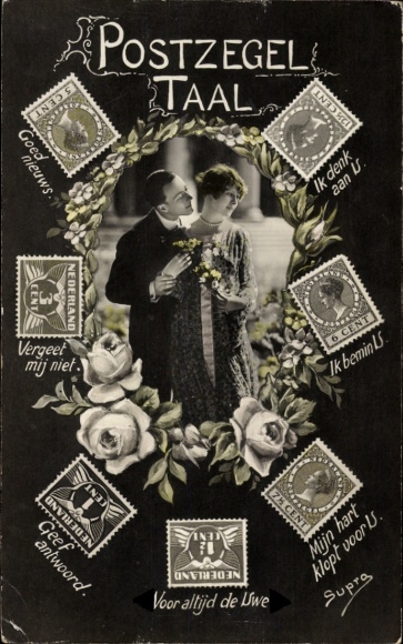 Ak Briefmarkensprache, Liebespaar, Blumen, Rosen