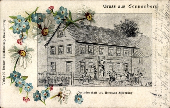 Kunstenaar litho Sonnenberg Vechelde in Nedersaksen, herberg van Hermann Sieverling