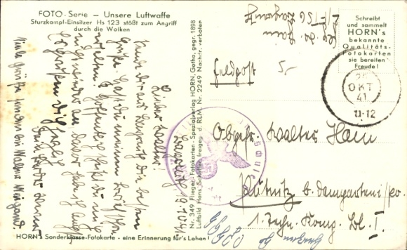 Postcard Henschel Hs 123, dive-bombing single-seater launches attack, Luftwaffe, WWII