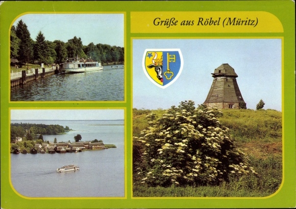 Postcard Röbel an der Müritz, coat of arms, MS Priborn, pier, Schampermühle, boathouses