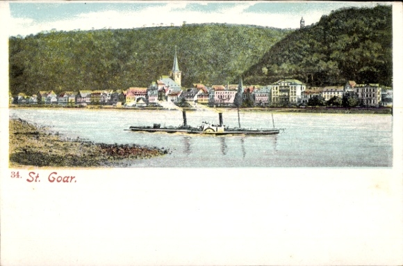 KP St. Goar am Rhein, krajobraz rzeczny, statek parowy, widok na miasto, kolorowe kolory