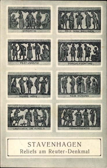 Postcard Reuterstadt Stavenhagen, reliefs at the Reuter monument