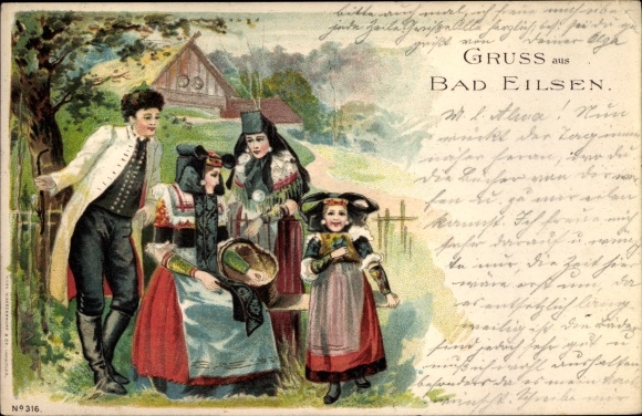 Chromo-Litho Bad Eilsen Lower Saxony, family in costume