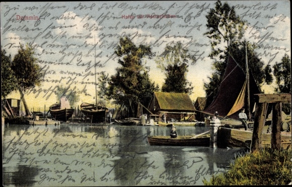 Ak Demmin in West-Pommeren, haven met vissershutten