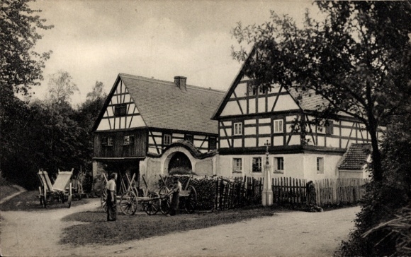Postcard Zerna Ralbitz Rosenthal Upper Lusatia, At the Forge, Half-Timbered Houses