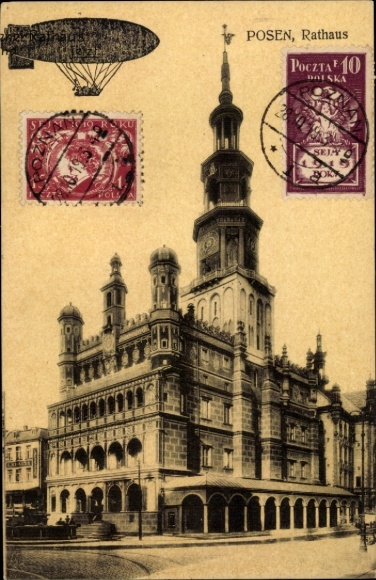 Postcard Poznań Posen, Town Hall, Zeppelin, photomontage