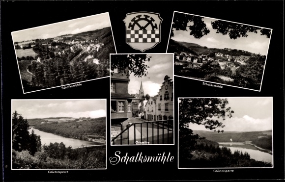Postcard Schalksmühle in the Sauerland, general view, dam, coat of arms