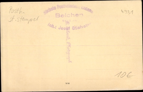 zdjęcie Znaczek KP Najwyższy urząd pocztowy Badenii, Belchen, właściciel Josef Stief Vater, 4 września 1931 r.