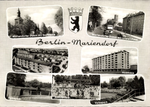 Ak Berlin Tempelhof Mariendorf, kerk, Ullsteinhaus, wolkenkrabber, Volkspark, zomerzwembad