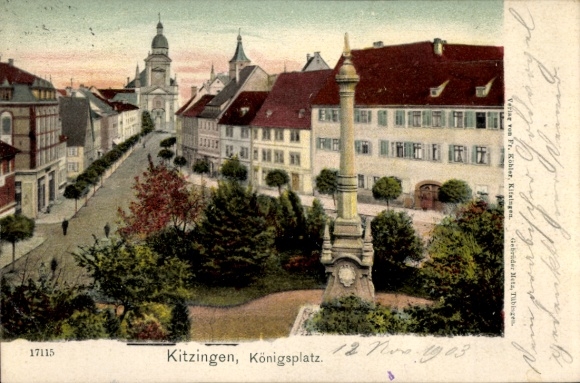Postcard Kitzingen am Main Lower Franconia, Königsplatz, monument, houses, trees, evening atmosphere, publisher vo