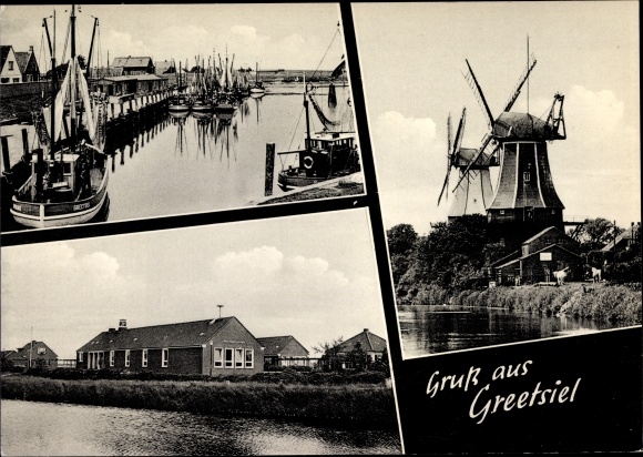 Postcard Greetsiel Krummhörn in Ostfriesland, windmill, harbor area, houses