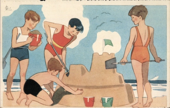 Artist Postcard Children on the Beach, Sand Castle, Bucket, Beach Life